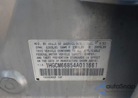 2004 Honda Accord 3.0 Ex из США, поврежденный, VIN 1HGCM66854A011661